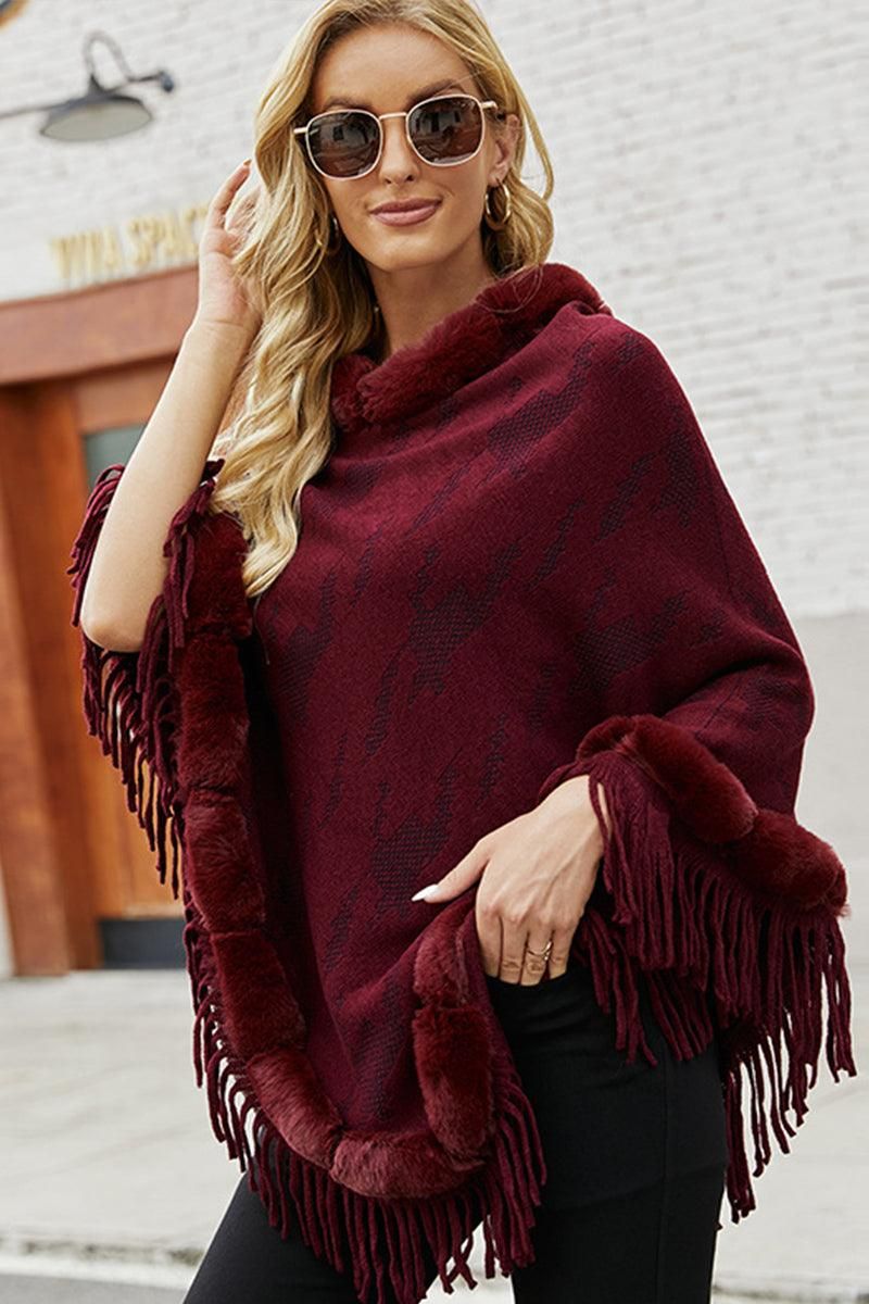 FUR COLLAR FRINGED JACKET WOMEN SHAWL - Doublju