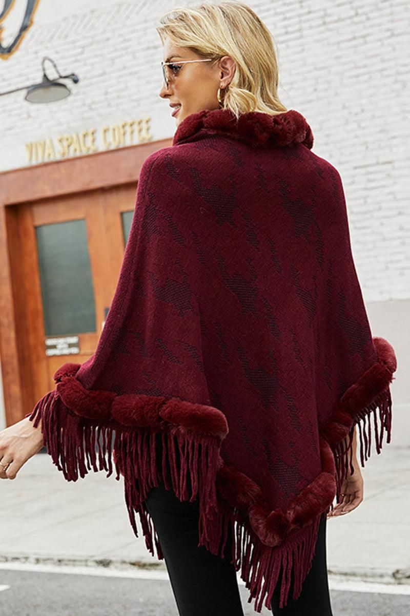 FUR COLLAR FRINGED JACKET WOMEN SHAWL - Doublju