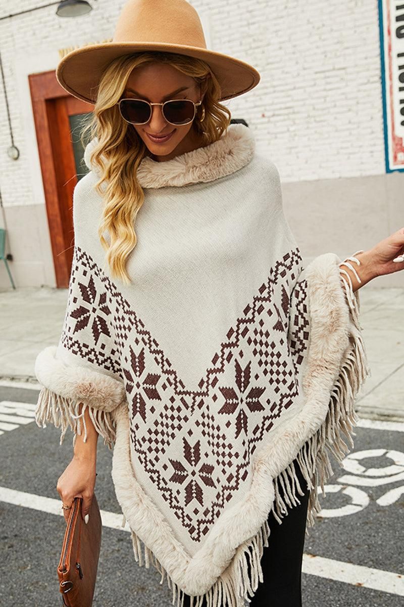 FUR COLLAR BEADED TASSEL HEM SWEATER SHAWL - Doublju