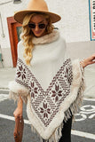 FUR COLLAR BEADED TASSEL HEM SWEATER SHAWL - Doublju