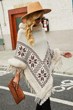 FUR COLLAR BEADED TASSEL HEM SWEATER SHAWL - Doublju