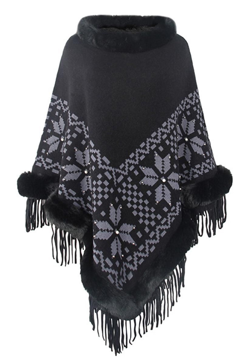 FUR COLLAR BEADED TASSEL HEM SWEATER SHAWL - Doublju