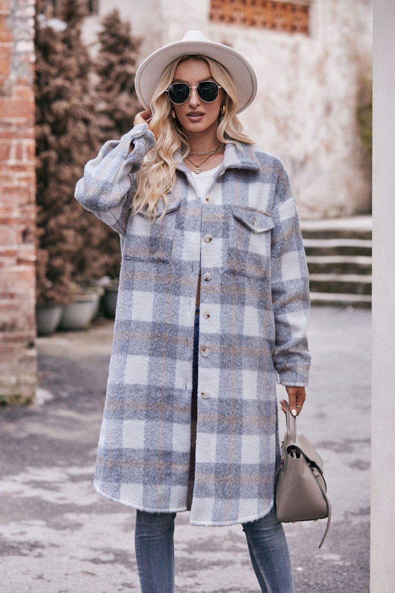 WOMEN OVERSIZED KNEE LENGTH PLAID COAT