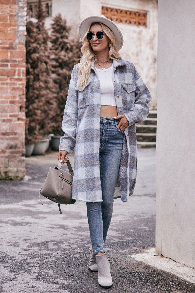 WOMEN OVERSIZED KNEE LENGTH PLAID COAT