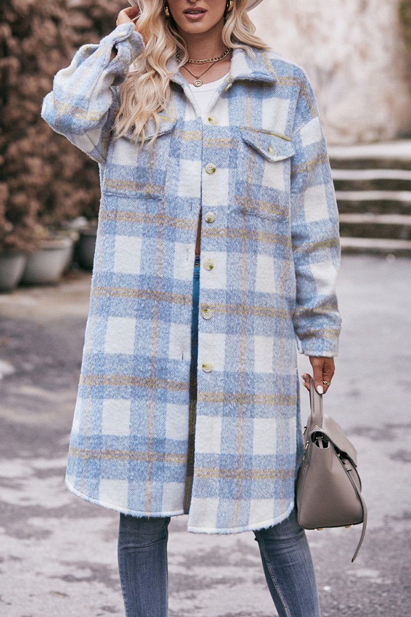 WOMEN OVERSIZED KNEE LENGTH PLAID COAT