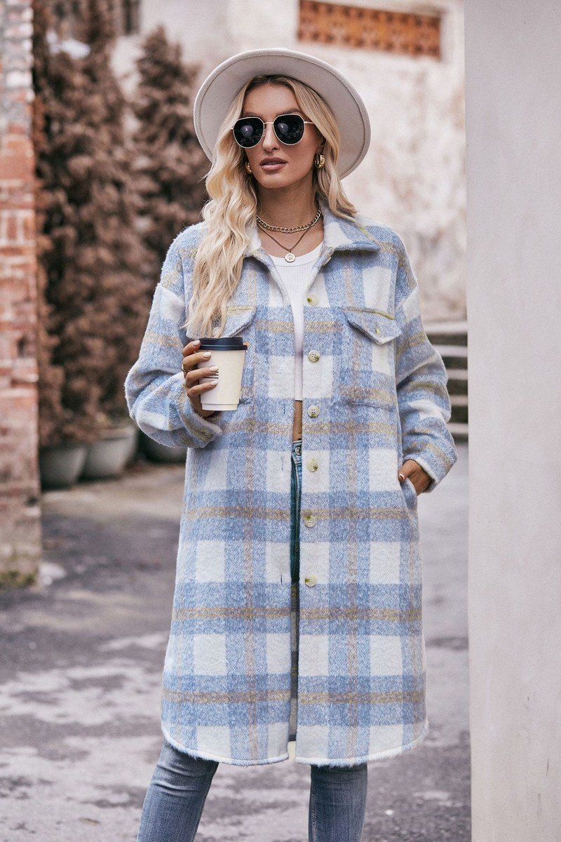 WOMEN OVERSIZED KNEE LENGTH PLAID COAT