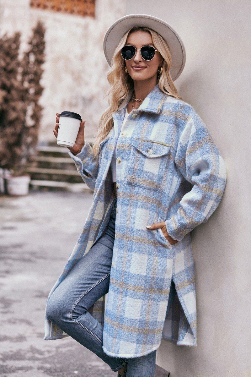 WOMEN OVERSIZED KNEE LENGTH PLAID COAT