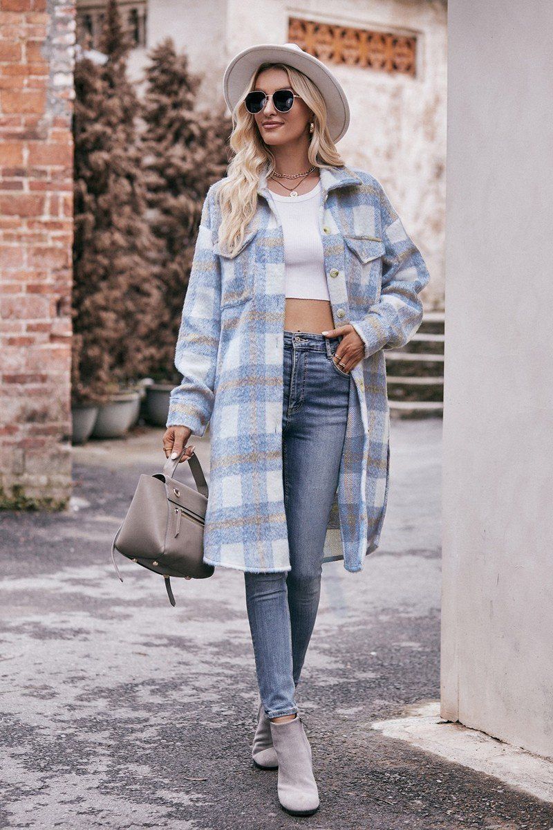 WOMEN OVERSIZED KNEE LENGTH PLAID COAT