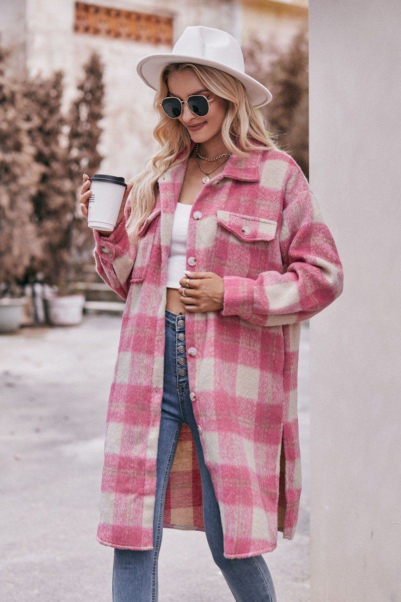 WOMEN OVERSIZED KNEE LENGTH PLAID COAT