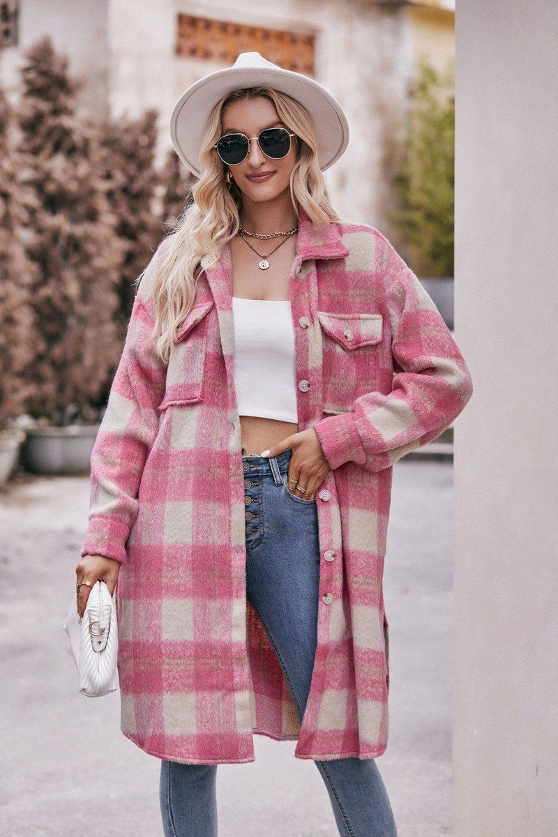 WOMEN OVERSIZED KNEE LENGTH PLAID COAT