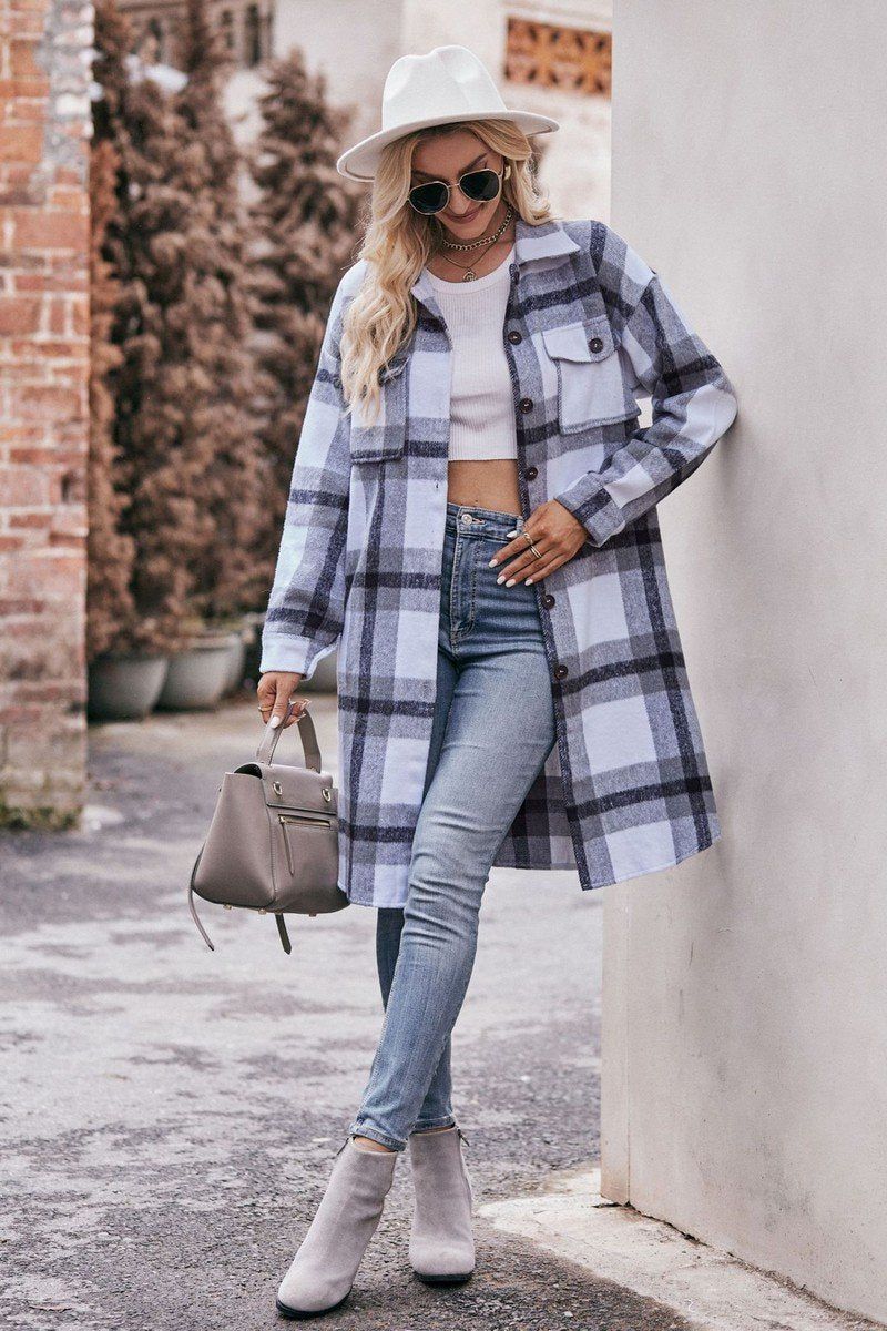 WOMEN CASUAL FLANNEL PLAID LONG BUTTON UP COAT