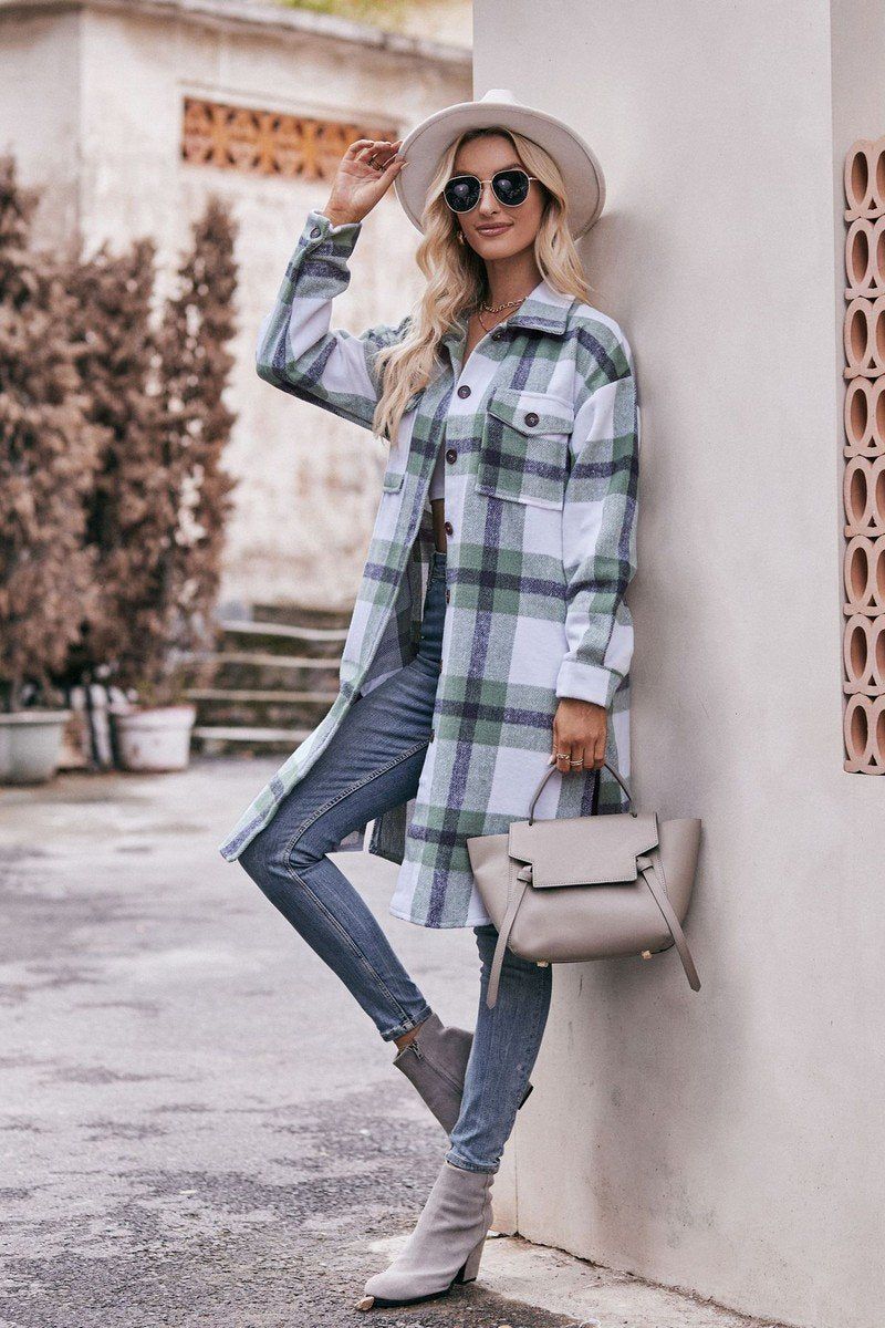 WOMEN CASUAL FLANNEL PLAID LONG BUTTON UP COAT