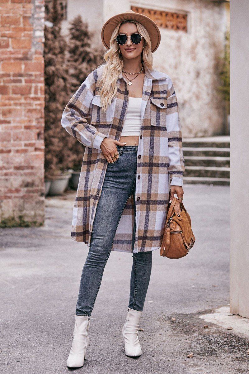 WOMEN CASUAL FLANNEL PLAID LONG BUTTON UP COAT