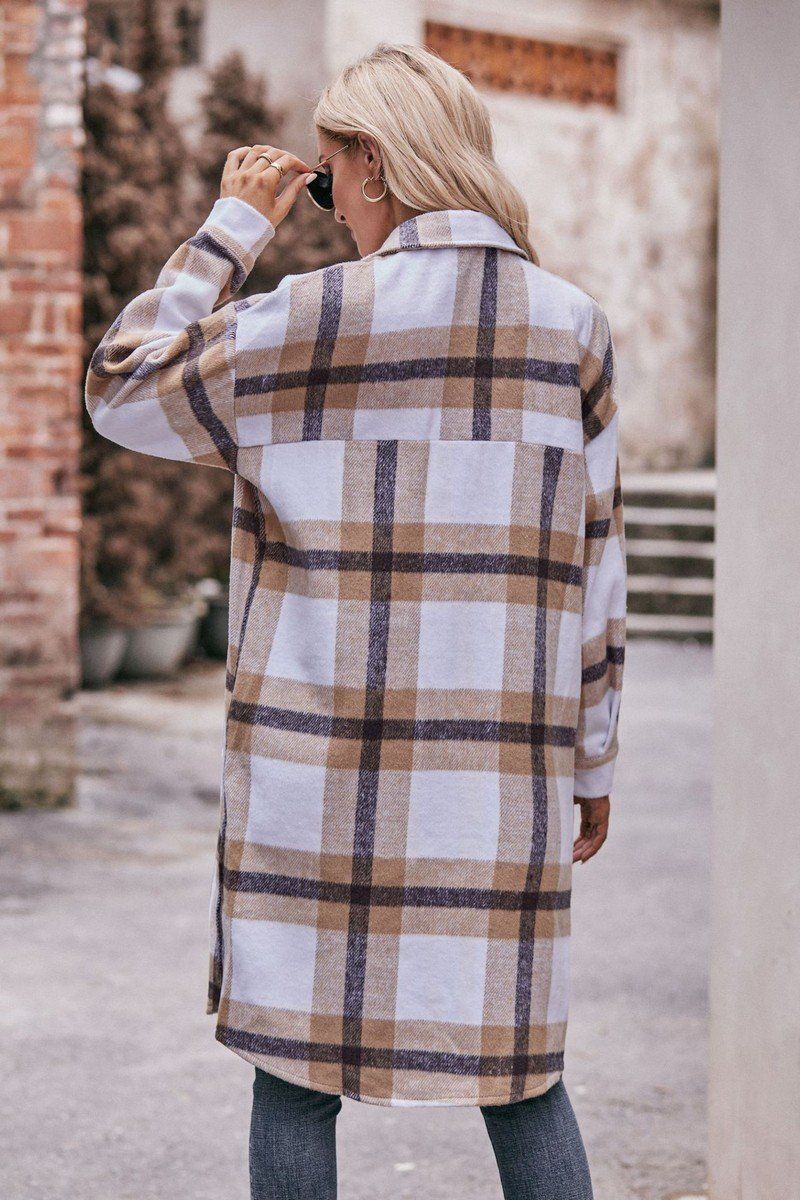 WOMEN CASUAL FLANNEL PLAID LONG BUTTON UP COAT