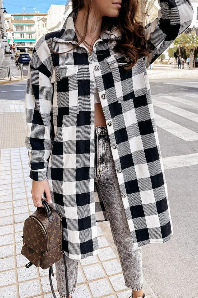 WOMEN LONG LENGTH PLAID PATTERN BUTTON UP JACKET