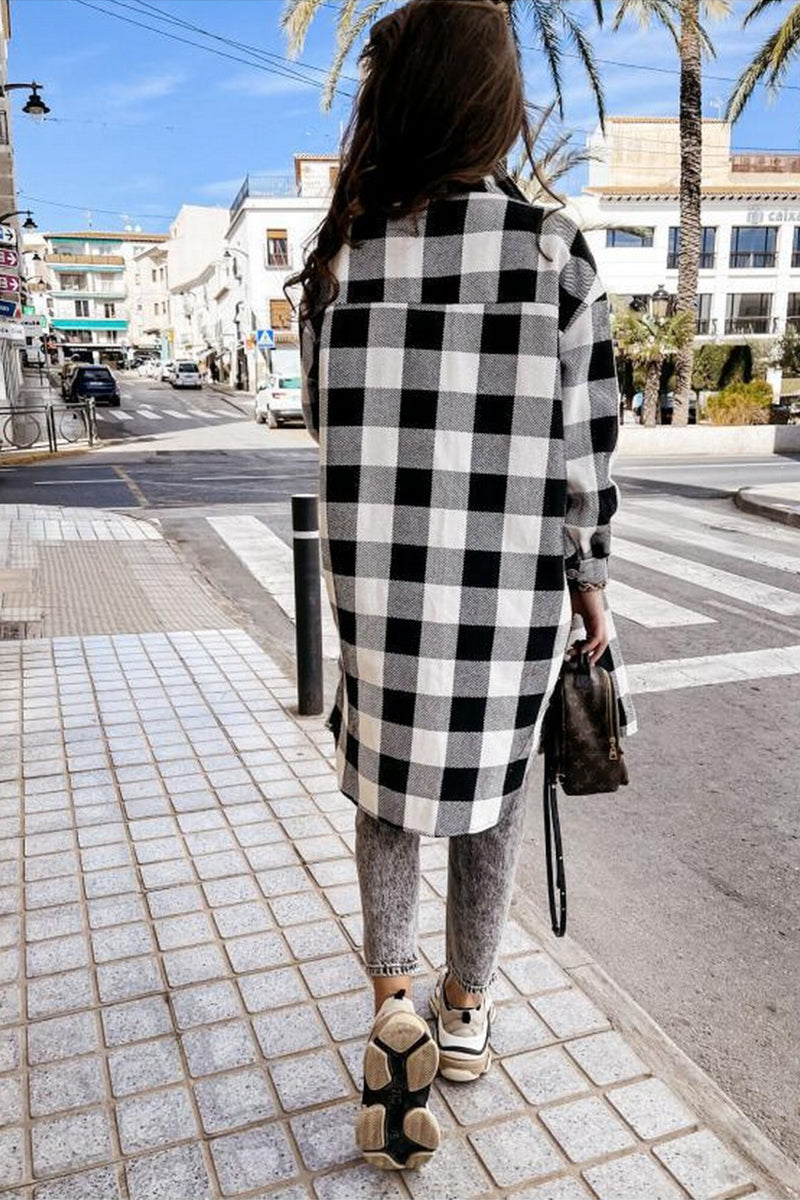 WOMEN LONG LENGTH PLAID PATTERN BUTTON UP JACKET