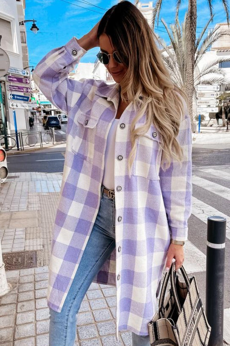 WOMEN LONG LENGTH PLAID PATTERN BUTTON UP JACKET