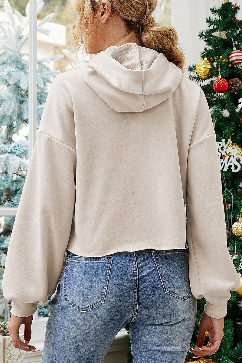 WOMEN CUTE PRINTING HOODED SHORT PULLOVER