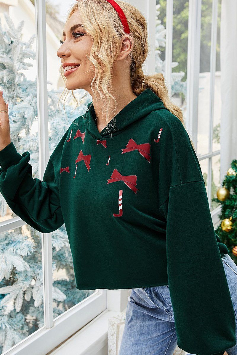 WOMEN CHRISTMAS PRINTED SHORT HOODIE PULLOVER