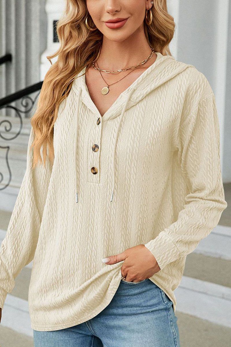 WOMEN TWIST CABLE STITCHED BUTTON NECK HOODIE
