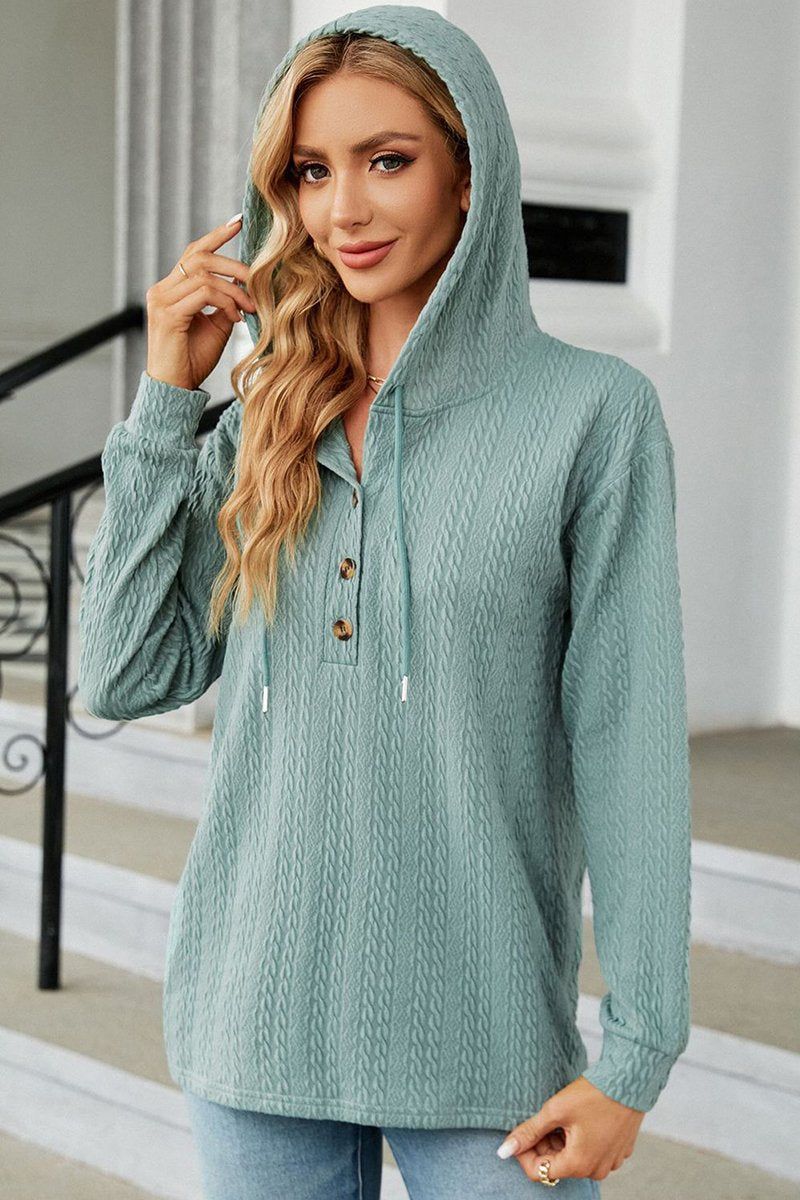 WOMEN TWIST CABLE STITCHED BUTTON NECK HOODIE