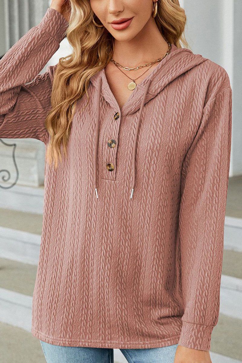 WOMEN TWIST CABLE STITCHED BUTTON NECK HOODIE