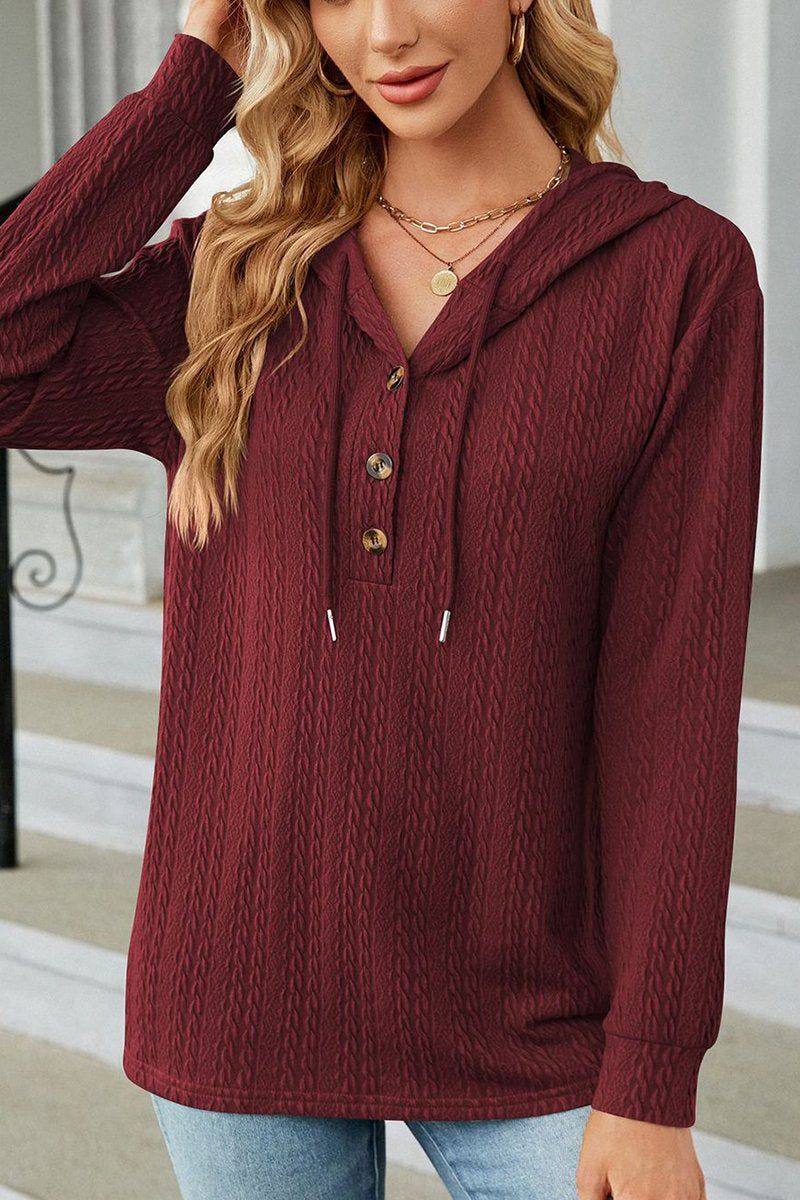 WOMEN TWIST CABLE STITCHED BUTTON NECK HOODIE