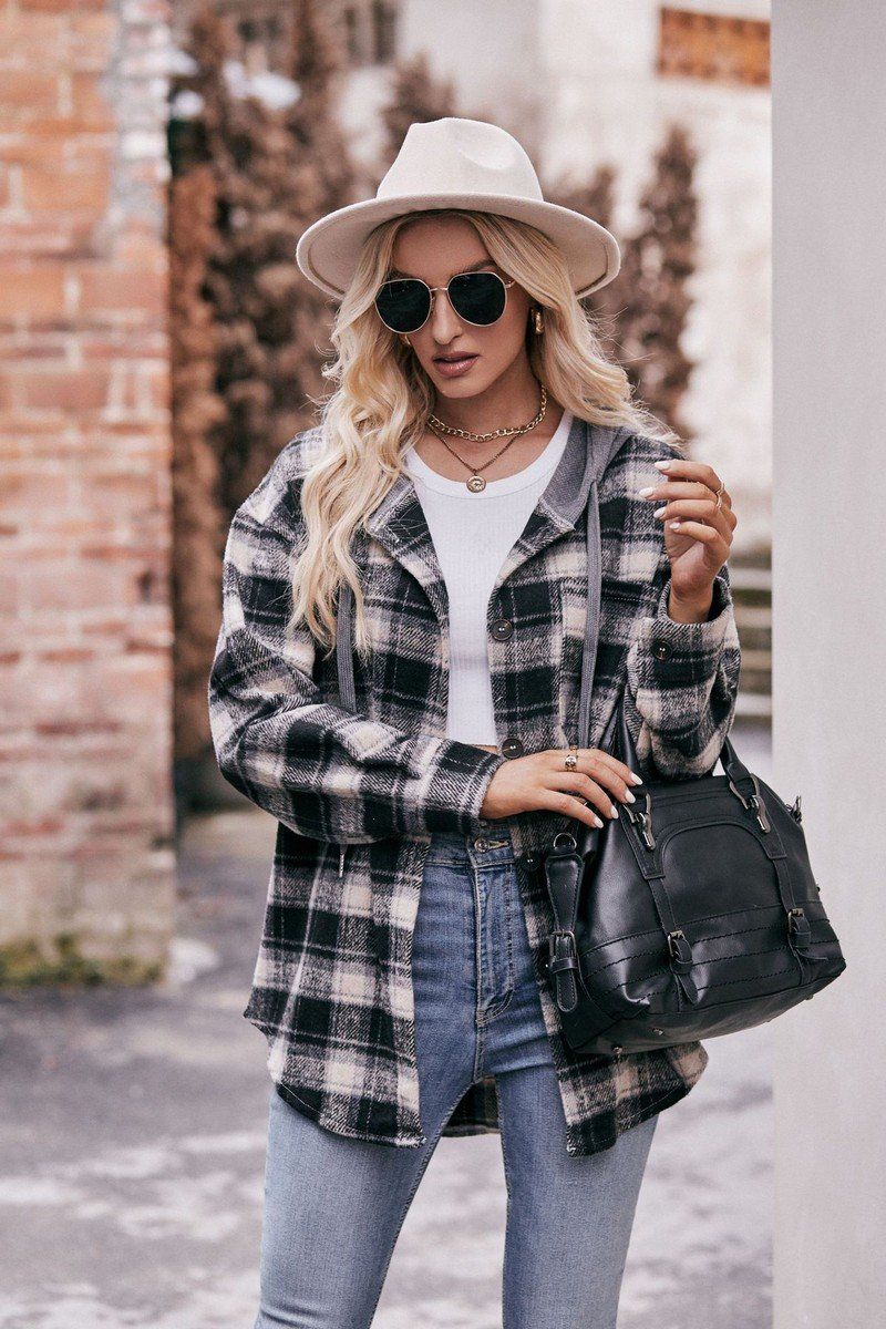 WOMEN FLANNEL PLAID HOODIE SHACKET