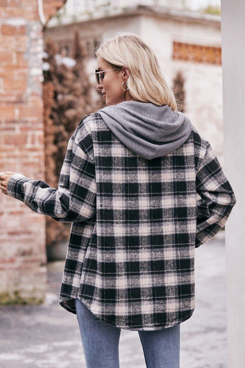 WOMEN FLANNEL PLAID HOODIE SHACKET