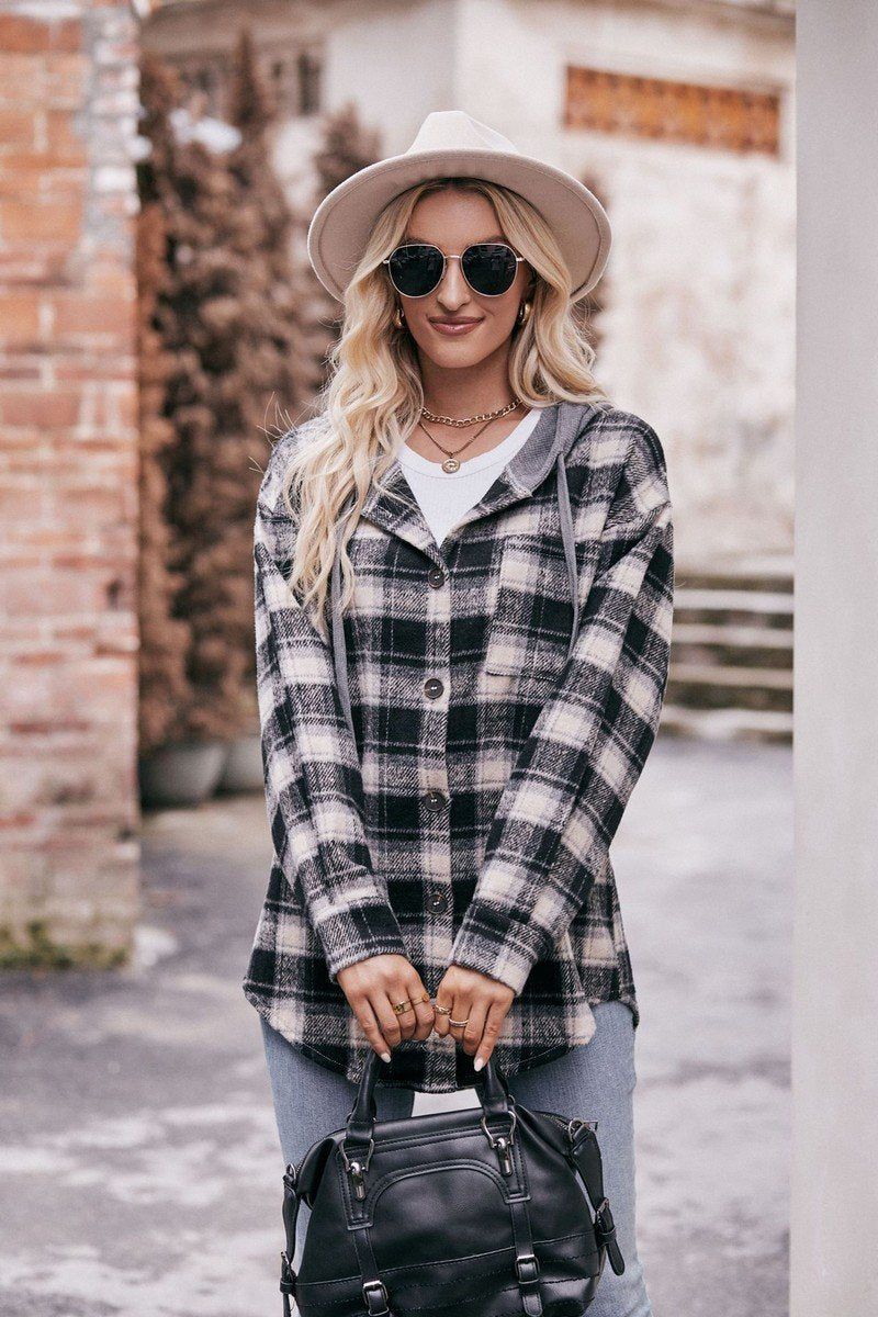 WOMEN FLANNEL PLAID HOODIE SHACKET