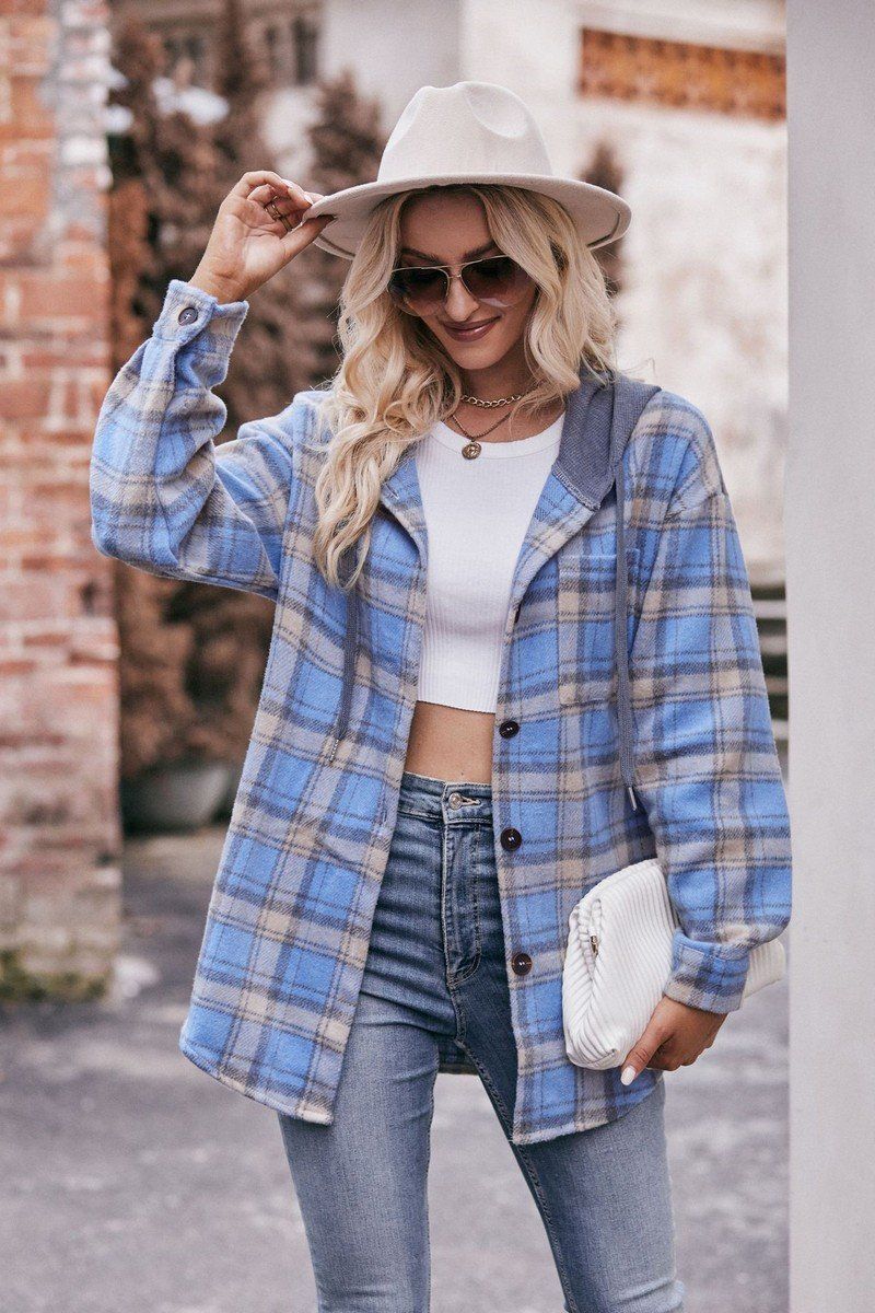 WOMEN FLANNEL PLAID HOODIE SHACKET