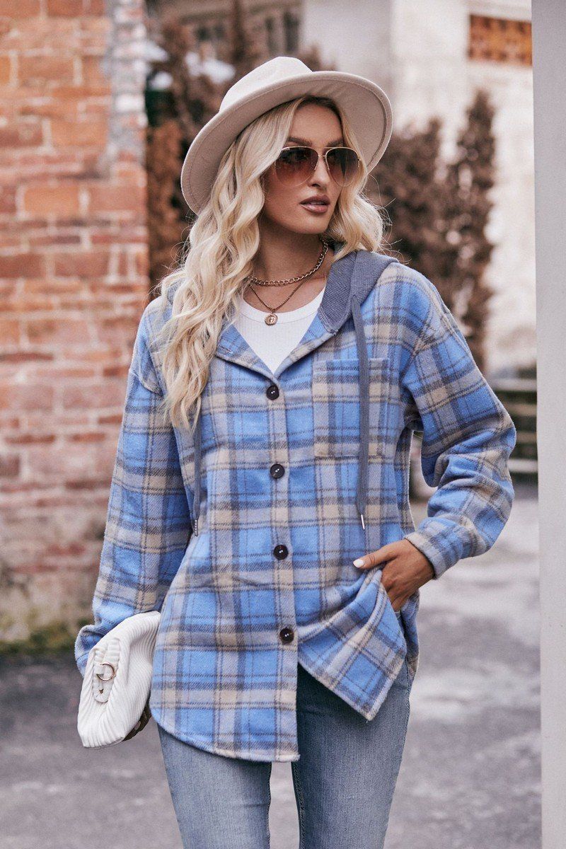 WOMEN FLANNEL PLAID HOODIE SHACKET