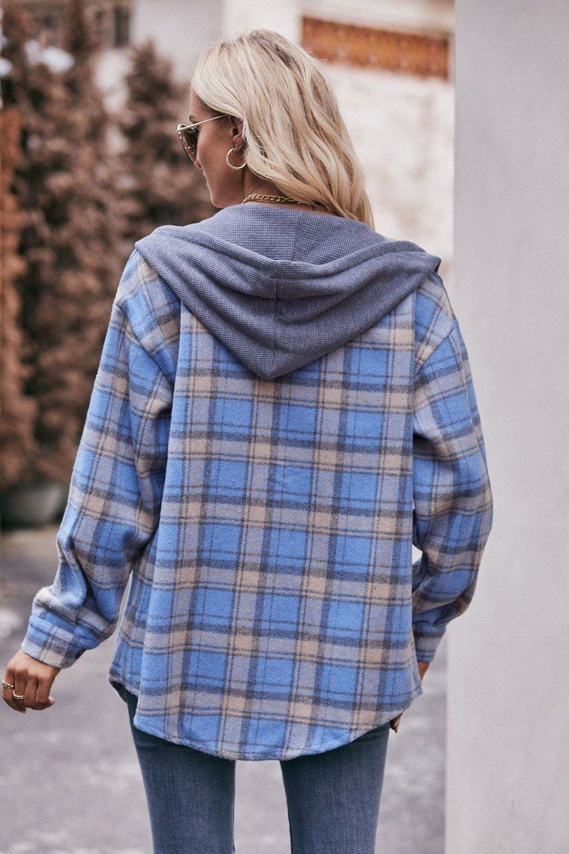 WOMEN FLANNEL PLAID HOODIE SHACKET