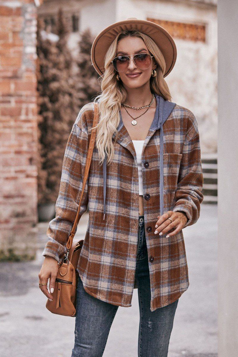 WOMEN FLANNEL PLAID HOODIE SHACKET