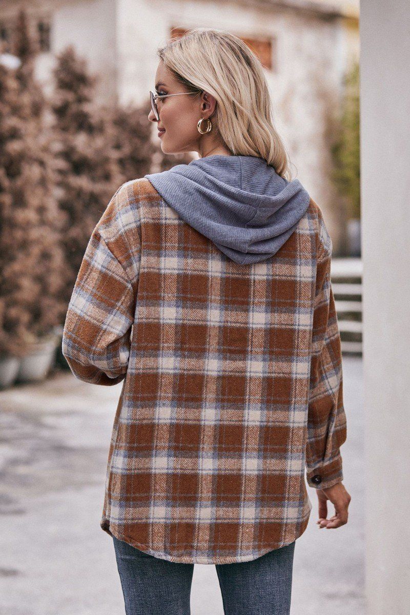 WOMEN FLANNEL PLAID HOODIE SHACKET