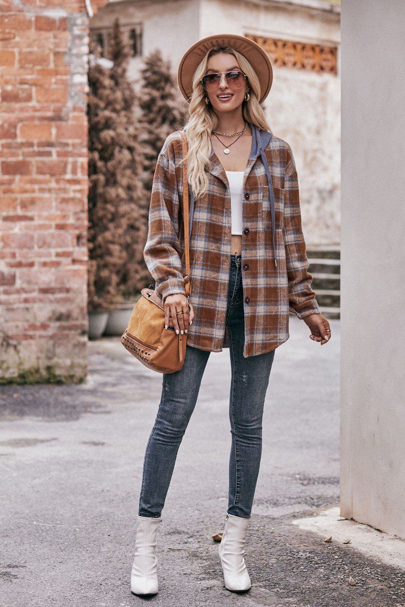 WOMEN FLANNEL PLAID HOODIE SHACKET