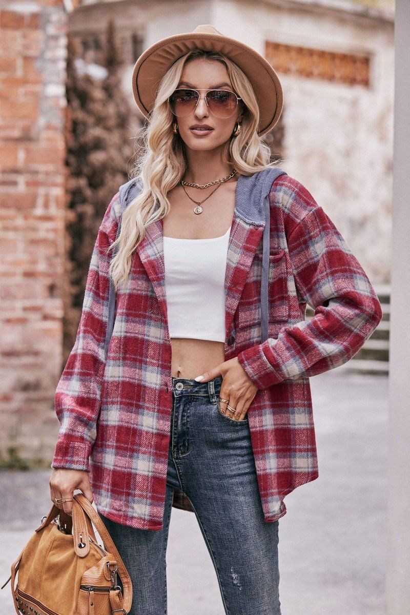 WOMEN FLANNEL PLAID HOODIE SHACKET