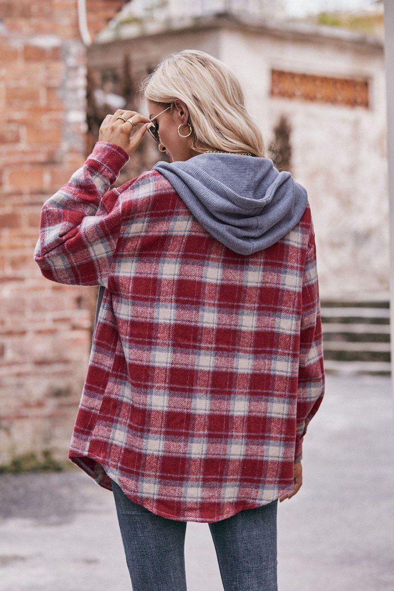 WOMEN FLANNEL PLAID HOODIE SHACKET