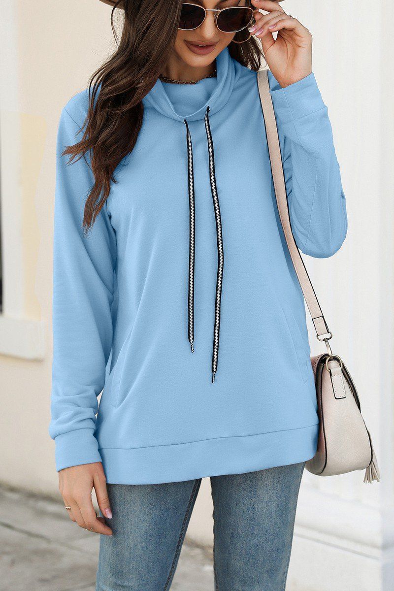 WOMEN DRAWSTRING HIGH NECK PULLOVER HOODIE