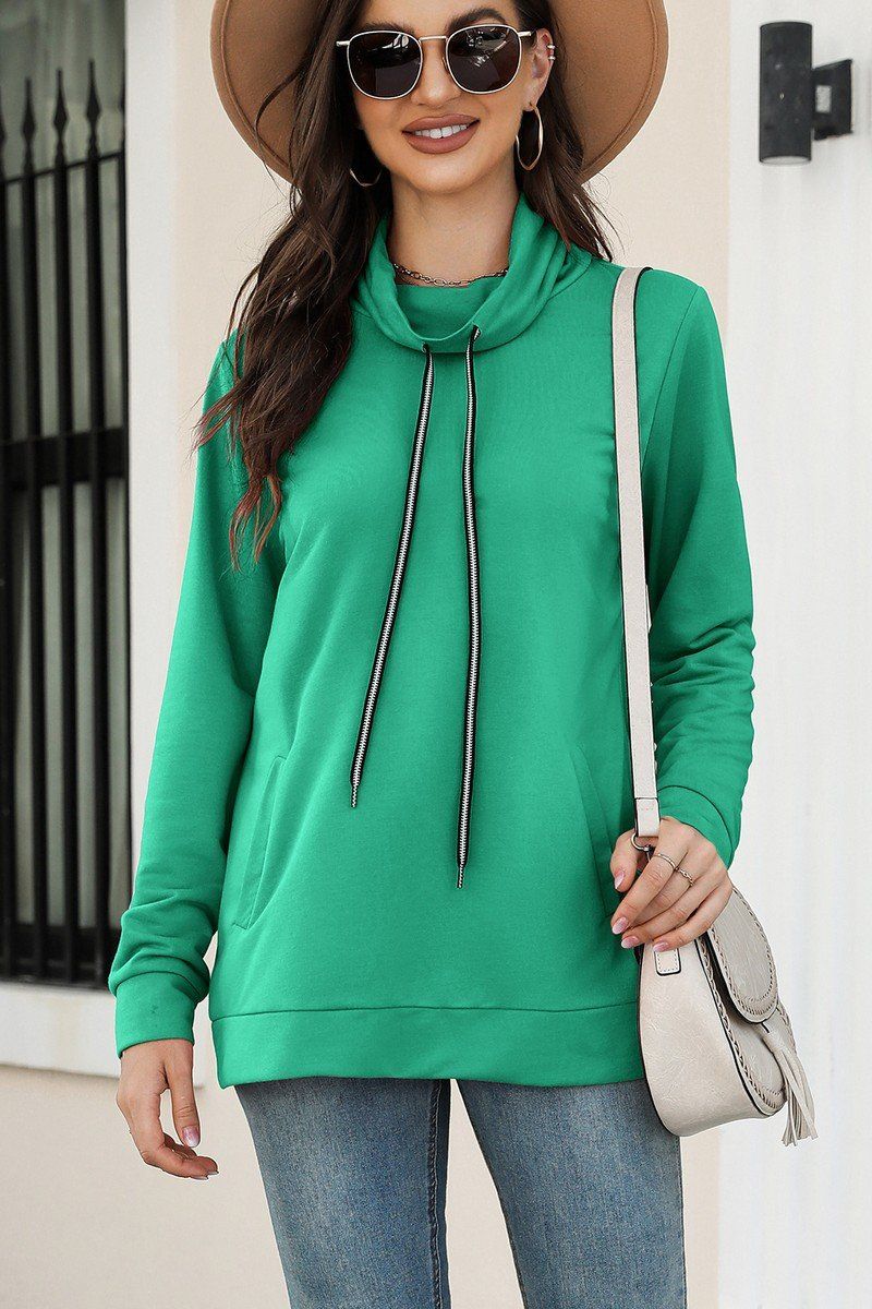 WOMEN DRAWSTRING HIGH NECK PULLOVER HOODIE