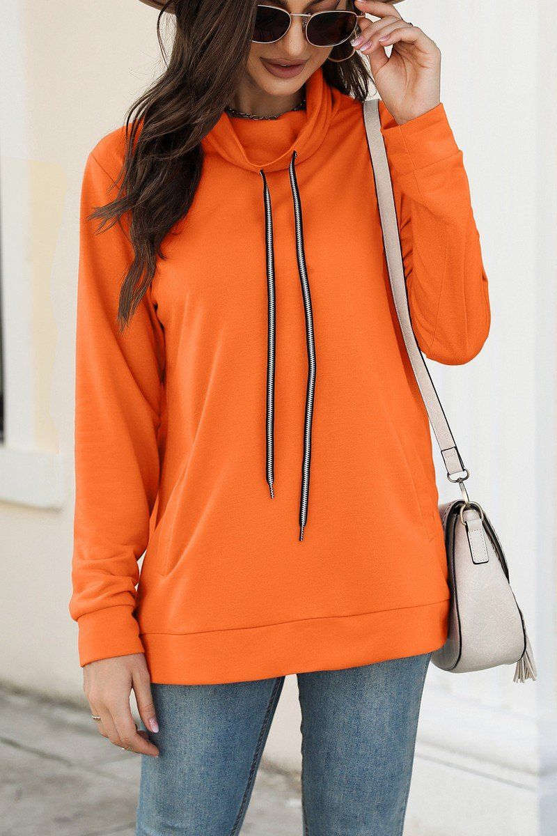 WOMEN DRAWSTRING HIGH NECK PULLOVER HOODIE