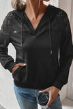 WOMEN LACE TRIM HOODED KANGAROO POCKET PULLOVER