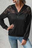 WOMEN LACE TRIM HOODED KANGAROO POCKET PULLOVER