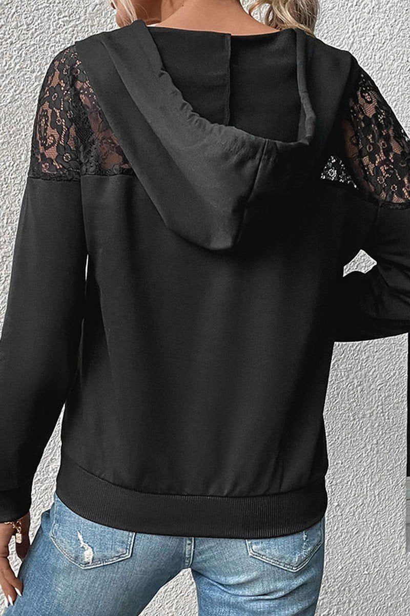 WOMEN LACE TRIM HOODED KANGAROO POCKET PULLOVER