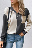 WOMEN BUTTONED V NECK COLOR BLOCK HOODIE