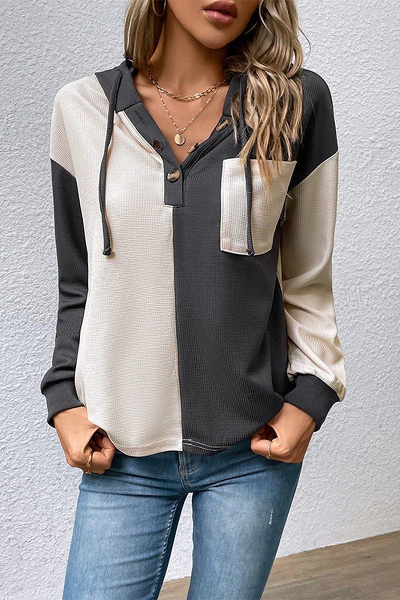 WOMEN BUTTONED V NECK COLOR BLOCK HOODIE