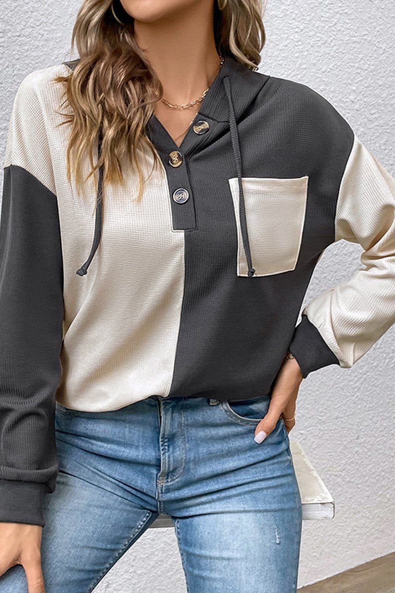 WOMEN BUTTONED V NECK COLOR BLOCK HOODIE