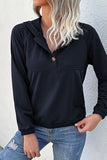 WOMEN RIBBED SLEEVE BUTTON NECK HOODED PULLOVER