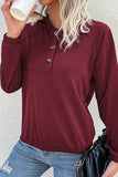 WOMEN RIBBED SLEEVE BUTTON NECK HOODED PULLOVER