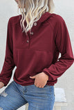 WOMEN RIBBED SLEEVE BUTTON NECK HOODED PULLOVER